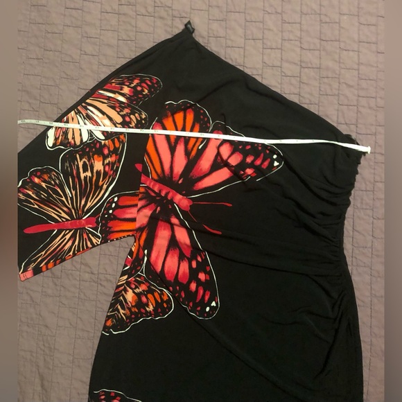 Dress; EUC; One Arm; Bisou Bisou; Black w/Butterflies; Side Ruching - Picture 13 of 16